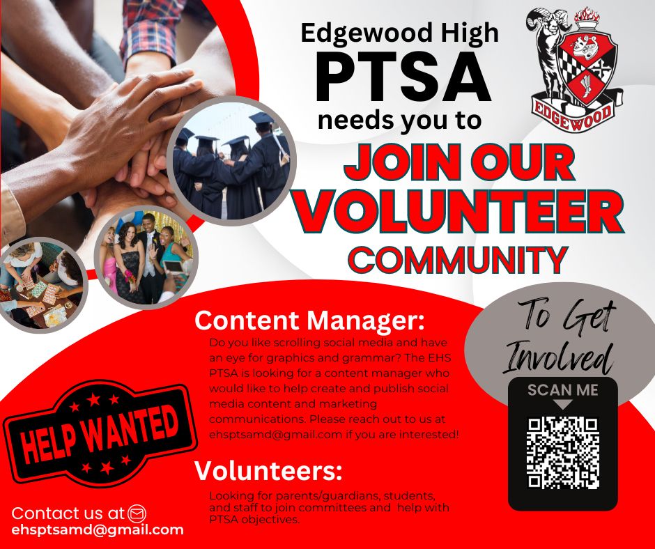 Our PTSA is seeking volunteers to support Edgewood High School! 📚 Join us in making a positive impact in our community. #Volunteer #EdgewoodHighSchool