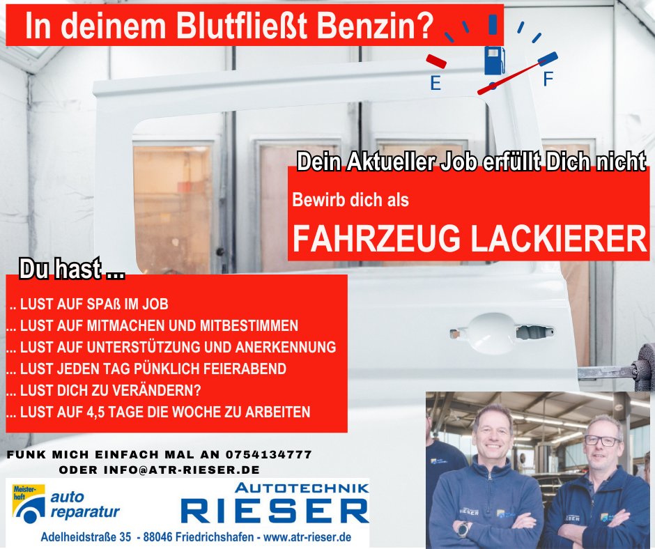 AutotechnikR's tweet photo. Benzin im Blut? 🚗✨

Dein neuer Job könnte dein Leben verändern! Werde Fahrzeuglackierer bei Autotechnik Rieser und finde deine Erfüllung. Bewirb dich jetzt und werde Teil unseres Teams!

#Jobwechsel #Karriere #Autoliebhaber https://t.co/7V5QsVmjB9