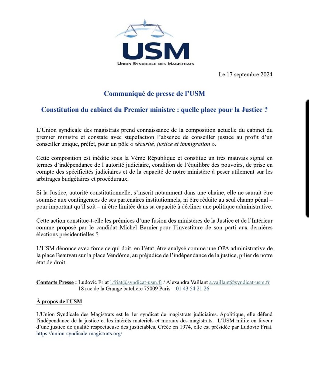 ⁉️ Communiqué de presse 📢

Quelle place pour la Justice ?

Pas de conseiller Justice au cabinet du premier ministre présenté ce jour mais un conseiller unique ''sécurité, justice, immigration'', préfet 🤔

Notre alerte, nos inquiétudes, à lire ici ⤵️