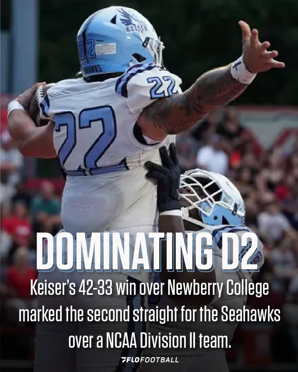 FloCollege | Football (@flocollegefb) on Twitter photo The reigning <a href="/NAIA/">NAIA</a> National Champions are on a roll to start the 2024 season!
<a href="/KeiserFootball/">Keiser Football</a> | <a href="/KUSeahawks/">Keiser Seahawks</a> The reigning <a href="/NAIA/">NAIA</a> National Champions are on a roll to start the 2024 season!
<a href="/KeiserFootball/">Keiser Football</a> | <a href="/KUSeahawks/">Keiser Seahawks</a>