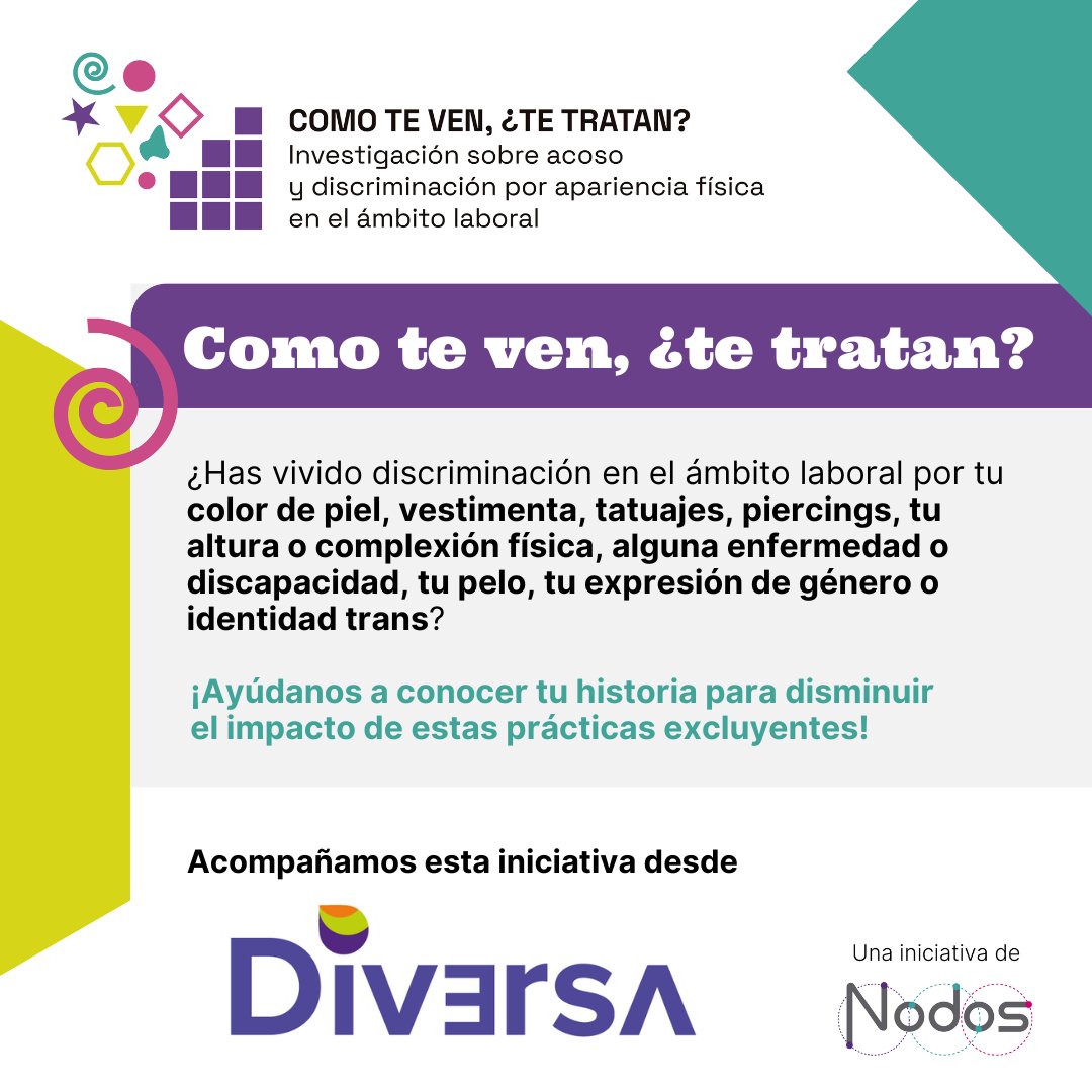 Desde <a href="/DiversaNoticias/">Diversa Noticias</a> nos sumamos a una iniciativa impulsada por <a href="/ConsultoraNodos/">Nodos Consultora</a> para conocer las vivencias de acoso y discriminación por apariencia física en el espacio de trabajo en Latinoamérica.

es.surveymonkey.com/r/AcosoLaboral…