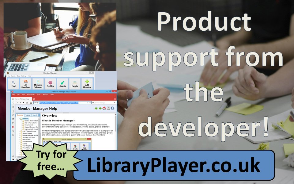 I don't just supply the membership software and forget about you - you'll receive product support/help direct from the developer.

No outsourced call centres, no chatbots, and no copy/paste answers.

Download &amp; try at: libraryplayer.co.uk/2021/07/mm.html

#charities #volunteering