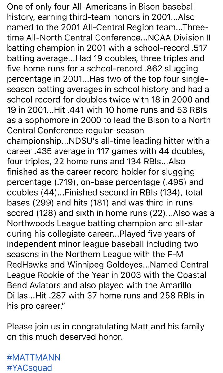 yacardinals's tweet photo. Congrats to our guy Matt Mann! He’s being inducted into the Bison Athletic Hall of Fame (NDSU) this weekend.
#MattMann
#YACsquad https://t.co/9f858jTmsk