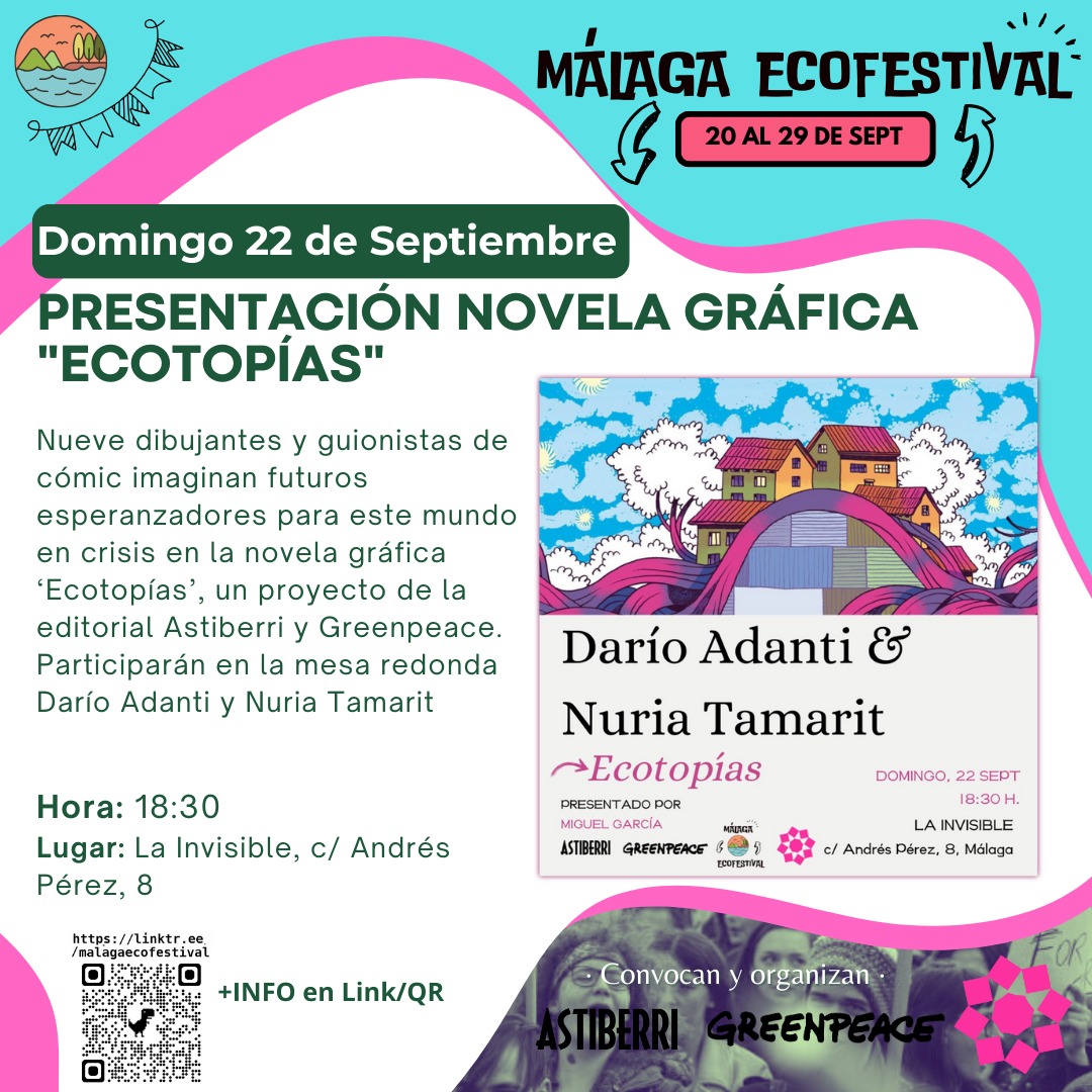 ¿Y si en lugar de imaginar el colapso, pensamos en futuros sostenibles?
Este domingo, dentro del #EcoFestivalMálaga2024, presentamos "Ecotopías" de <a href="/greenpeace_esp/">Greenpeace España</a> y <a href="/Astiberri/">Astiberri Ediciones</a> y hablaremos con dos de sus ilustradoras. 
🗓️ 22 de Septiembre | 18:00h
📍 <a href="/LaCasaInvisible/">La Invisible</a>