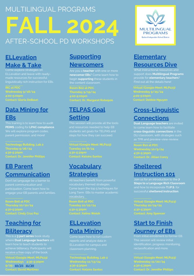Jillian Marie Conry (@jillianconry) on Twitter photo Join us for upcoming MLP PD! This Wednesday <a href="/GDeBaunMLP/">Gloria DeBaun</a> and I will share #EllevationEd strategies to support our EBs across all content areas. <a href="/GISD4EBs/">GISD Multilingual Programs</a> Join us for upcoming MLP PD! This Wednesday <a href="/GDeBaunMLP/">Gloria DeBaun</a> and I will share #EllevationEd strategies to support our EBs across all content areas. <a href="/GISD4EBs/">GISD Multilingual Programs</a>