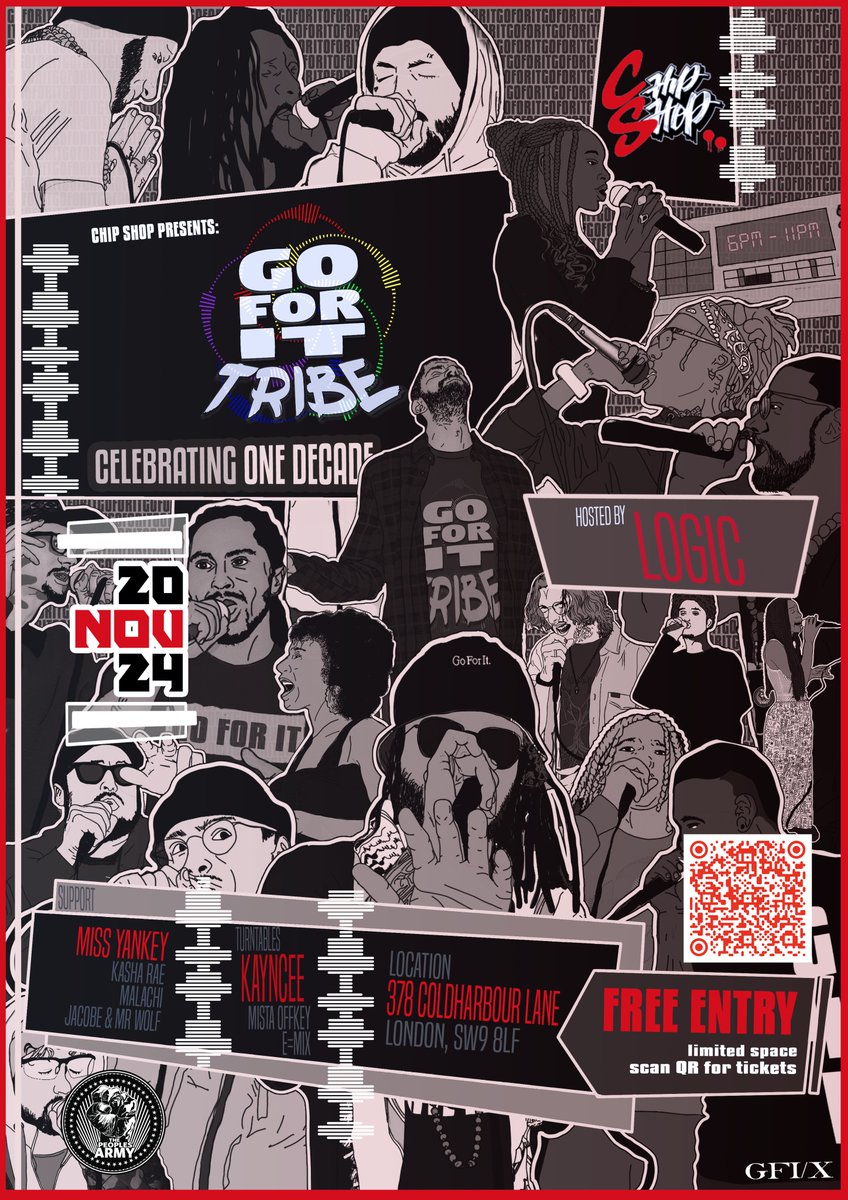 NOVEMBER 20th 2024
<a href="/ChipShopBXTN/">cHIP sHOP</a> 
GO FOR IT TRIBE (first FULL ALBUM PERFORMANCE of #GOFORITFIRSTISSUEIKIGAI)
MISS YANKEY
KASHA RAE <a href="/KashaRaemusic/">Kasha Rae</a> 
MALACHI
JACOBE &amp; MR WOLF <a href="/OfficialJacobe/">OfficialJacobe</a> 
hosted by LOGIC <a href="/LogicArmy/">Logic</a> 

LESS THAN 100 FREE TICKETS REMAINING
eventbrite.co.uk/e/a-decade-of-…