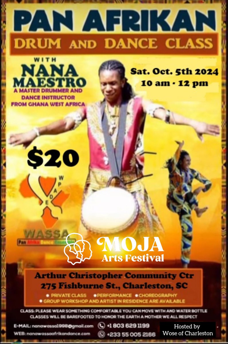 MsBJPeart's tweet image. #CharlestonSC @MOJAFestival welcomes Nana Maestro of  Wassa Pan Afrika Dance Ensemble for Pan Afrikan Drum &amp;amp; Dance Workshop
Saturday Oct 5th 10 am to 12 noon at  (City Gym) 275 Fishburne St. $20
DANCERS &amp;amp; DRUMMERS OF ALL LEVELS .. are welcome to participate!!!
#chsarts