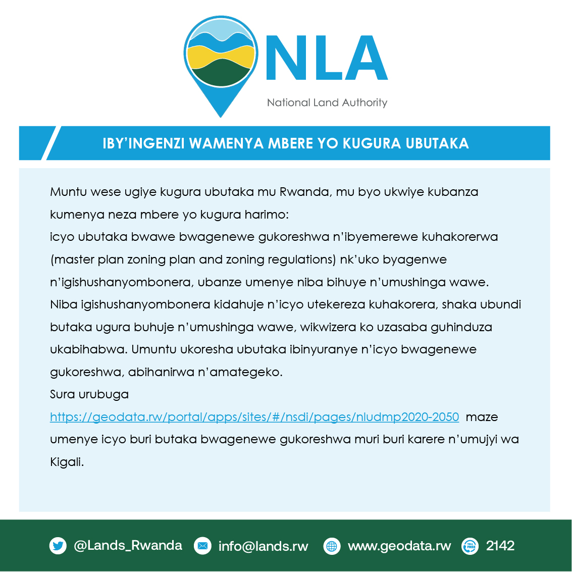 KWIBUTSA: tuributsa abantu bose ko mbere yo kugura ubutaka bazajya babanza kumenya niba icyo bashaka kuhakorera gihuye n'ibiri ku gishushanyombonera cy'imikoreshereze y'ubutaka bw'aho hantu.
ibyo wabireba unyuze ku mbuga: geodata.rw/portal/apps/si… na amakuru.lands.rw