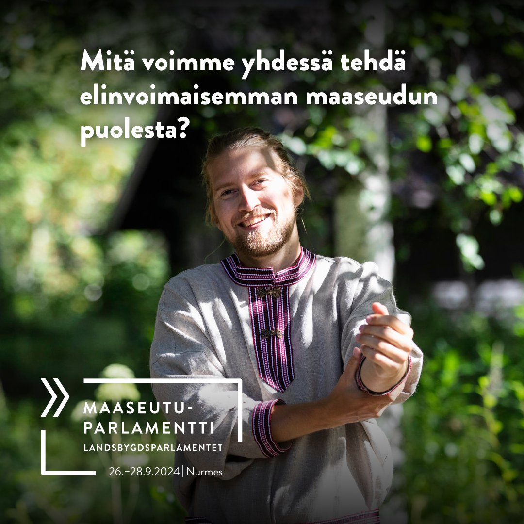Maaseutuparlamentti on jo aivan kulman takana – ensi viikolla 26.–28.9.2024 maaseudun tulevaisuudesta kiinnostuneet ihmiset kokoontuvat yhteen, paikan päälle Nurmekseen sekä virtuaalisesti.

👉 Ilmoittaudu mukaan: maaseutuparlamentti.fi/info/ilmoittau…

<a href="/RuralPolicyFIN/">Maaseutupolitiikka</a> <a href="/mmm_fi/">MMM</a>