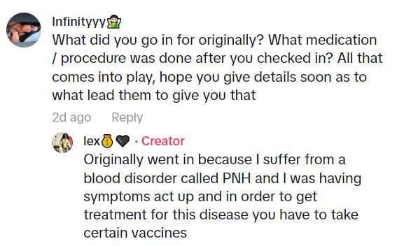 @LeighBrytt What we're not told is that in her own videos &amp; txts she was admitted to hospital with Paroxysmal nocturnal hemoglobinuria, with which she had been in bed for 2 weeks prior to hospital. She is refusing hospital treatment. There is no evidence vaccines have anything to do with it