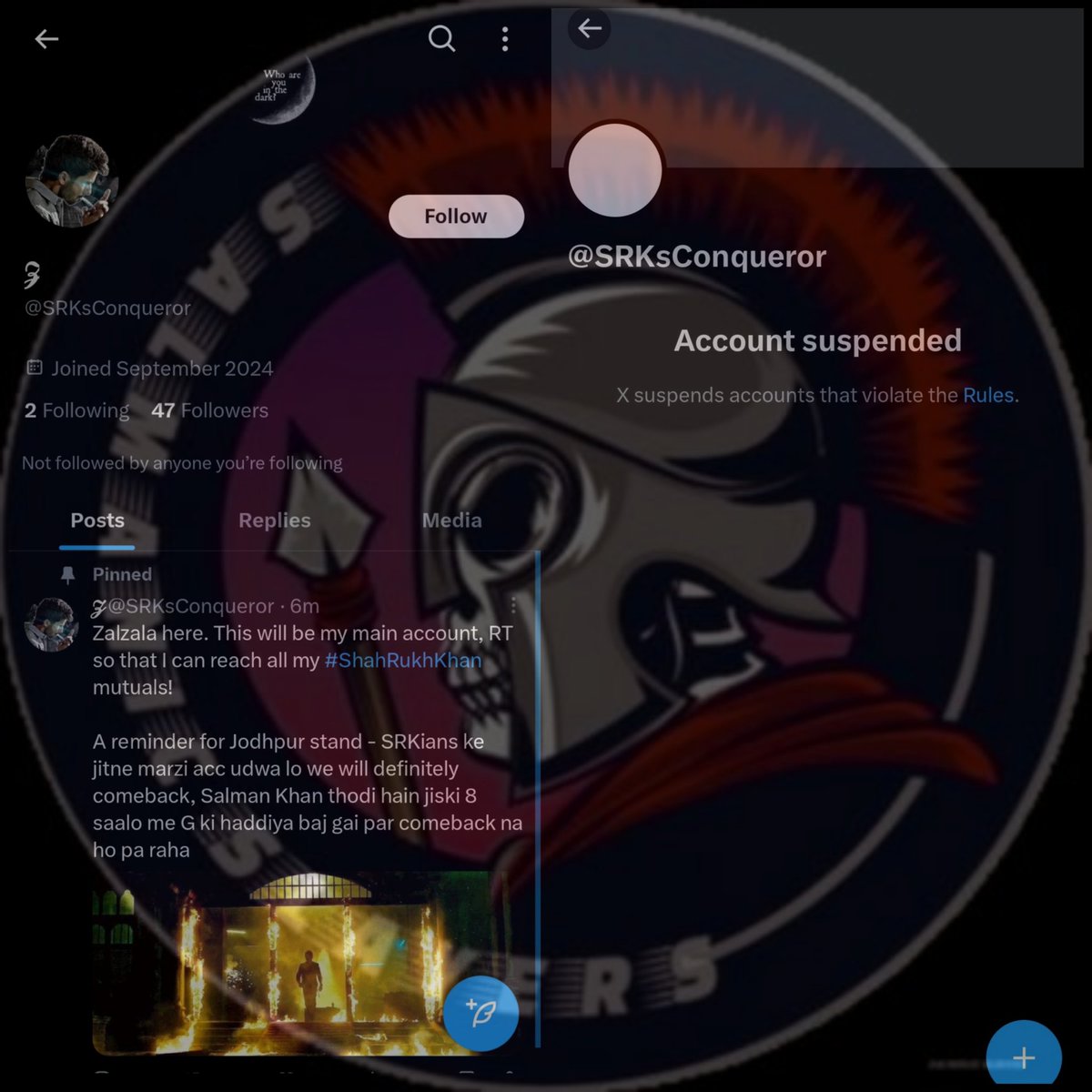 Update No. :181
𝐇𝐚𝐧𝐝𝐥𝐞:@srksconqueror

𝐒𝐮𝐬𝐩𝐞𝐧𝐝𝐞𝐝 𝐁𝐲 
<a href="/X/">X</a>

#SalmanKhan #Salmanslayers