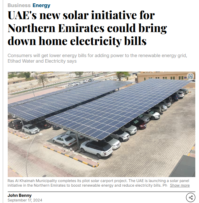 deens_ofad's tweet photo. UAE's new initiative allows homes and businesses in the Northern Emirates to install rooftop solar panels, feeding power back to the grid and reducing energy bills. The goal: 20 MW of solar power by year's end!  #RenewableEnergy #SolarPower #UAE #Sustainability #EtihadWE https://t.co/wGOysjQ4S6