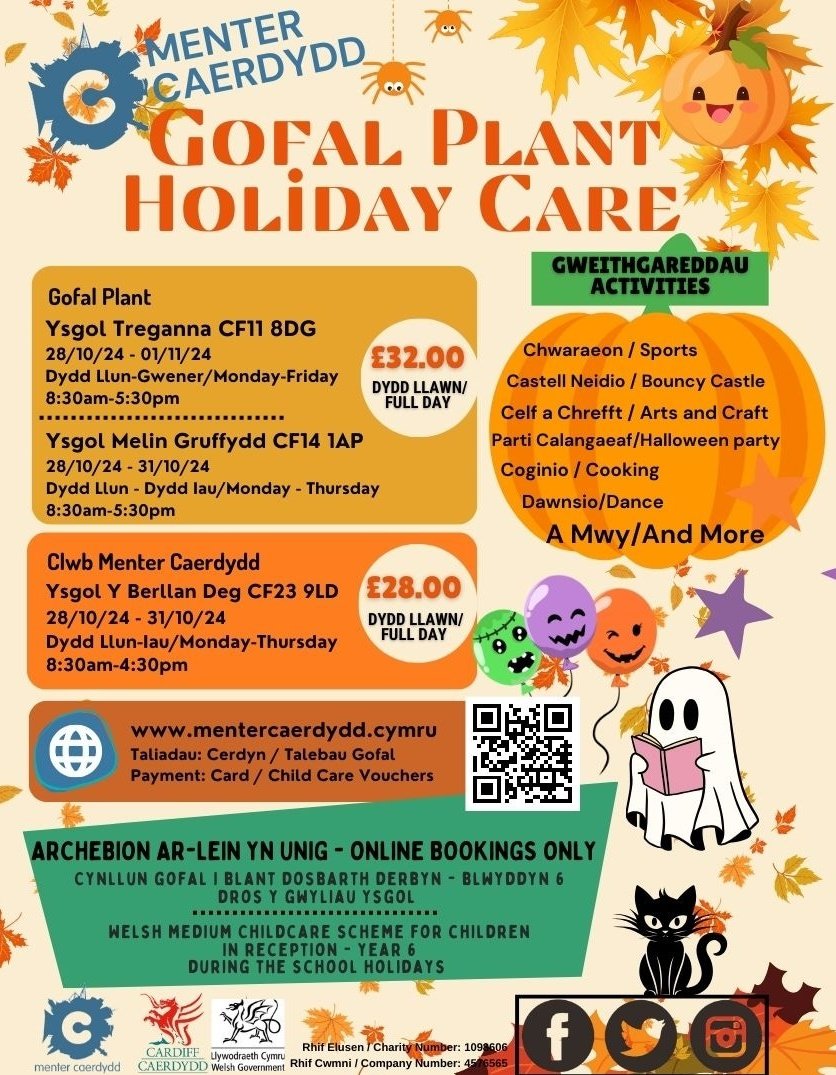 Menter Caerdydd (@mentercaerdydd) on Twitter photo Edrych am ofal plant dros y hanner tymor Hydref?
🎨🎾🏈🖌🎮⚽️🧩🎲🎃
Looking for childcare over the October half term?
<a href="/YsgolTreganna/">Ysgol Treganna</a>
<a href="/yberllandeg/">Ysgol y Berllan Deg</a> <a href="/MelinGruffydd/">Melin Gruffydd</a> <a href="/cyngorcaerdydd/">Cyngor Caerdydd</a> <a href="/MenterCaerdydd/">Menter Caerdydd</a> <a href="/YsgolHamadryad/">Ysgol Hamadryad 🏴</a> <a href="/YsgolPwllCoch/">Ysgol Gymraeg Pwll Coch</a> <a href="/Pencae2/">Ysgol Pencae</a> <a href="/YWernPTA/">CRhA/PTA YsgolYWern</a> <a href="/BroEirwg/">Ysgol Bro Eirwg</a> <a href="/ysgolglanceubal/">Cyfeillion Glan Ceubal</a> Edrych am ofal plant dros y hanner tymor Hydref?
🎨🎾🏈🖌🎮⚽️🧩🎲🎃
Looking for childcare over the October half term?
<a href="/YsgolTreganna/">Ysgol Treganna</a>
<a href="/yberllandeg/">Ysgol y Berllan Deg</a> <a href="/MelinGruffydd/">Melin Gruffydd</a> <a href="/cyngorcaerdydd/">Cyngor Caerdydd</a> <a href="/MenterCaerdydd/">Menter Caerdydd</a> <a href="/YsgolHamadryad/">Ysgol Hamadryad 🏴</a> <a href="/YsgolPwllCoch/">Ysgol Gymraeg Pwll Coch</a> <a href="/Pencae2/">Ysgol Pencae</a> <a href="/YWernPTA/">CRhA/PTA YsgolYWern</a> <a href="/BroEirwg/">Ysgol Bro Eirwg</a> <a href="/ysgolglanceubal/">Cyfeillion Glan Ceubal</a>