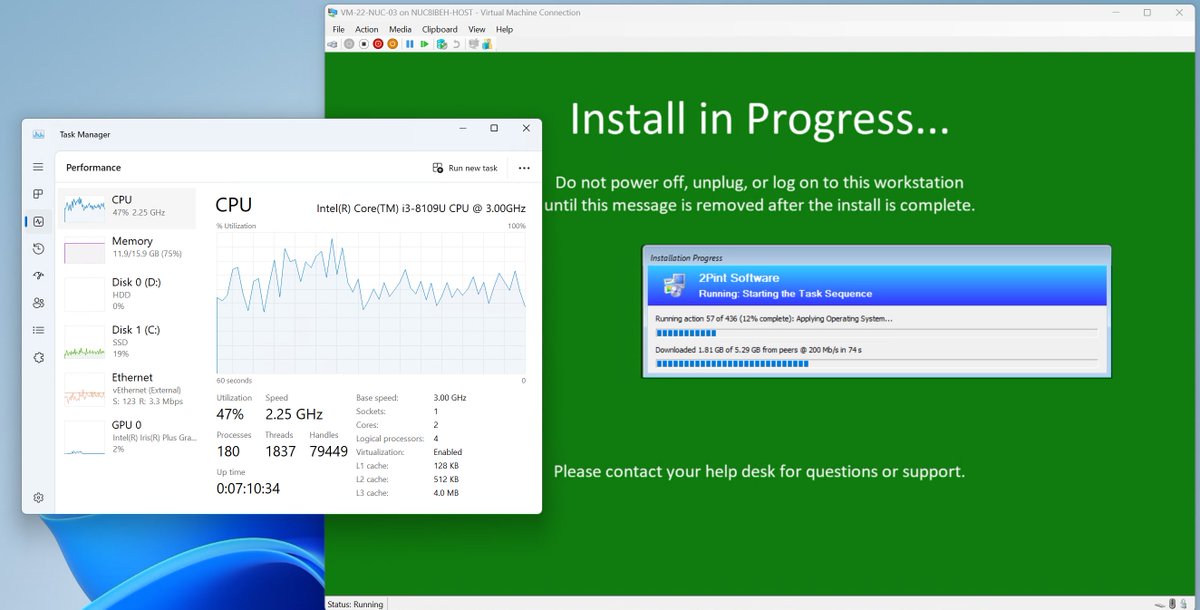 gwblok's tweet image. OSD over WAN?  Bandwidth Concerns?  No Fear, @2pintsoftware is here!

#ConfigMgr OSD Win11 over 100Mbps WAN

1st device: NUC i3-8109U | 16GB | 65 minutes | 5742MB over WAN (While kids streaming Disney+)

Next: VM on NUC | 8GB | 31 minutes | 0 MB over WAN
#BranchCache #wpninjas