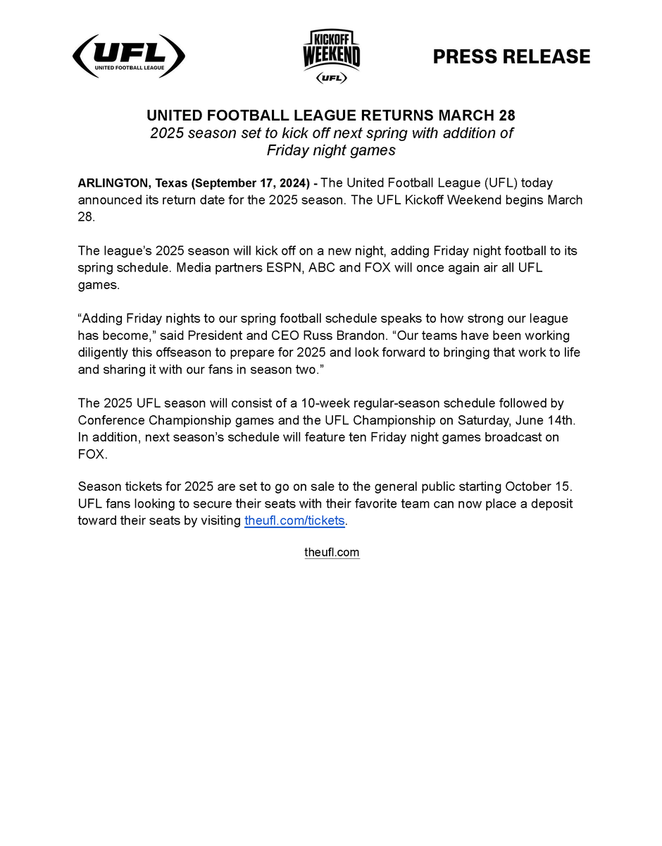 United Football League 2025 Season Schedule Announcement Image
