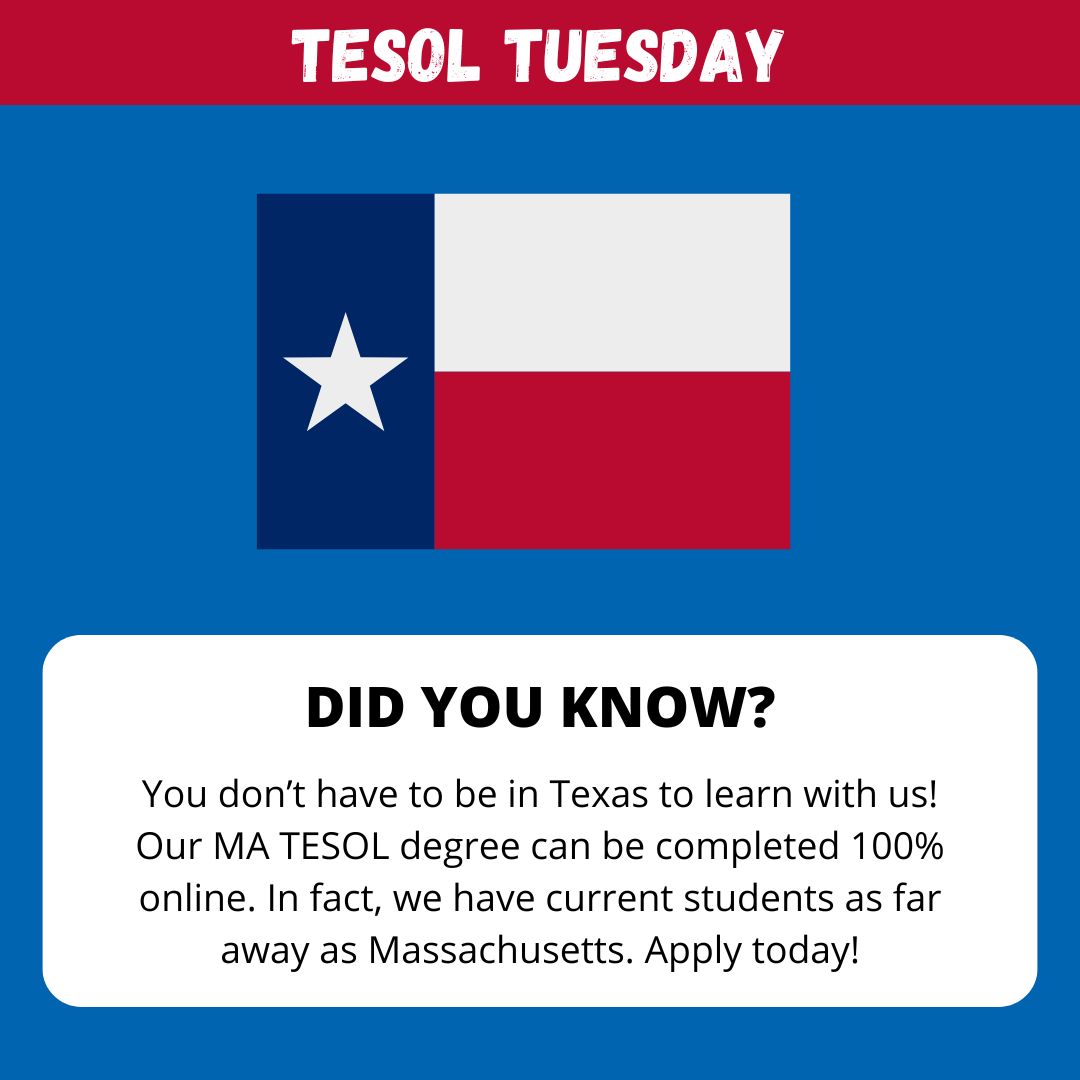 Linguistics & TESOL (@linguistics_uta) on Twitter photo Our graduate TESOL programs are offered as both fully online or in-person classes. You can take part from any location! Contact ling.advisor@uta.edu for info on applying to our MA in TESOL or our Graduate Certificate in TESOL! Our graduate TESOL programs are offered as both fully online or in-person classes. You can take part from any location! Contact ling.advisor@uta.edu for info on applying to our MA in TESOL or our Graduate Certificate in TESOL!