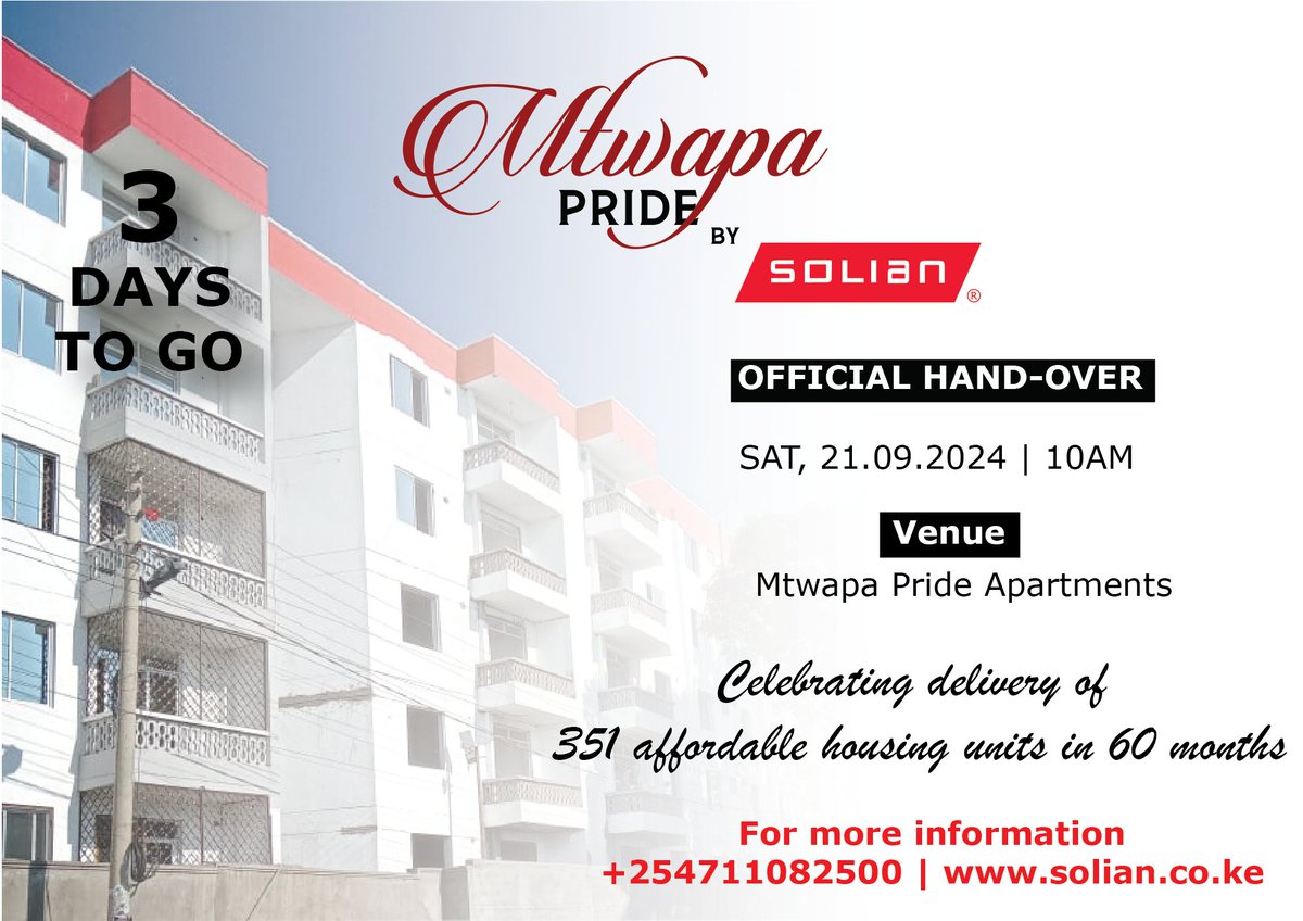 SolianKenya's tweet image. Join us on 21st September 2024 for the Mtwapa Pride Apartments Handover Ceremony and take the first step towards becoming a landlord while exploring more exciting investment opportunities with us.
𝗙𝗼𝗿 𝗺𝗼𝗿𝗲 𝗶𝗻𝗳𝗼𝗿𝗺𝗮𝘁𝗶𝗼𝗻 𝗰𝗮𝗹𝗹 𝘂𝘀 𝗼𝗻 +𝟮𝟱𝟰𝟳𝟭𝟭𝟬𝟴𝟮𝟱𝟬𝟬