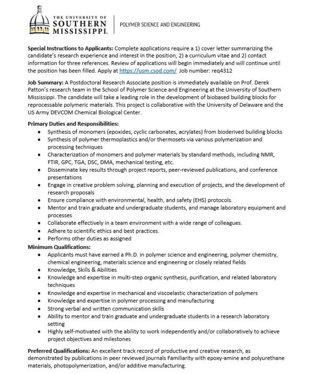 Derek Patton (@dereklpatton) on Twitter photo My research team has an opening for a Postdoctoral Research Associate. A strong organic/polymer synthetic skillset is required. Full details ⬇️ Apply at usm.csod.com/ats/careersite… <a href="/USM_Polymers/">USM Polymer Science & Engineering</a> My research team has an opening for a Postdoctoral Research Associate. A strong organic/polymer synthetic skillset is required. Full details ⬇️ Apply at usm.csod.com/ats/careersite… <a href="/USM_Polymers/">USM Polymer Science & Engineering</a>