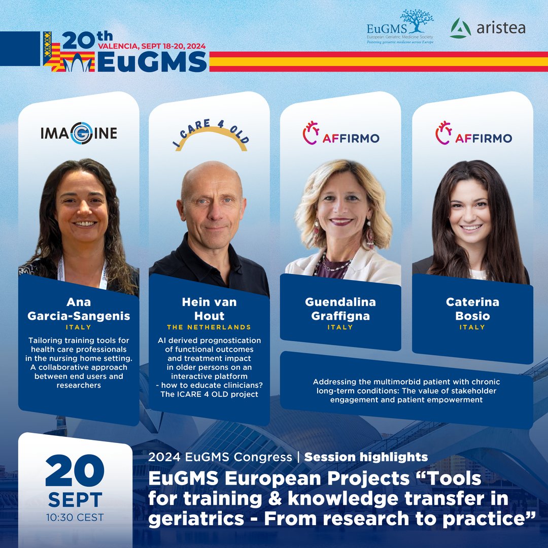 EuGMS - European Geriatric Medicine Society (@eugmssociety) on Twitter photo 🎓 Don’t miss the session with <a href="/IMAGINE_EU/">IMAGINE Project</a>, <a href="/ICare4old_H2020/">I-CARE4OLD</a> and <a href="/affirmo_eu/">AFFIRMO Project</a> European projects at the #EuGMS2024 Congress! ✅
🇪🇸 Ana Garcia-Sangenis, 🇳🇱 <a href="/heinvanhout/">Hein van Hout</a>, 🇮🇹 <a href="/entropiapura/">guendalina graffigna</a> & 🇮🇹 <a href="/cate_bosio/">caterina bosio</a> will be the speakers. ➡️ eugms2024.com
<a href="/aristeagroup/">Aristea</a> 🎓 Don’t miss the session with <a href="/IMAGINE_EU/">IMAGINE Project</a>, <a href="/ICare4old_H2020/">I-CARE4OLD</a> and <a href="/affirmo_eu/">AFFIRMO Project</a> European projects at the #EuGMS2024 Congress! ✅
🇪🇸 Ana Garcia-Sangenis, 🇳🇱 <a href="/heinvanhout/">Hein van Hout</a>, 🇮🇹 <a href="/entropiapura/">guendalina graffigna</a> & 🇮🇹 <a href="/cate_bosio/">caterina bosio</a> will be the speakers. ➡️ eugms2024.com
<a href="/aristeagroup/">Aristea</a>