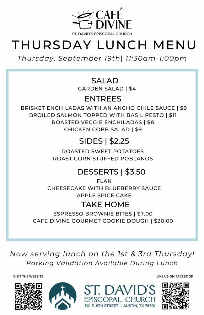 Bring a friend to lunch this Thursday, Sept. 19, 11:30 a.m.-1 p.m. to try Chef Ray's fabulous basil pesto salmon!

@texasdiocese