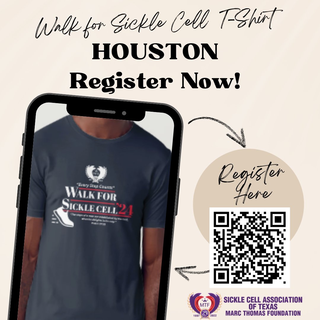 Hey Houston, take a look at our brand new 2024 walk t-shirt! Registration is now open, so be sure to sign up today to secure yours! Simply scan the QR code or click the link below:
runsignup.com/Race/TX/Housto…
#WalkforSickleCell #EveryStepCounts