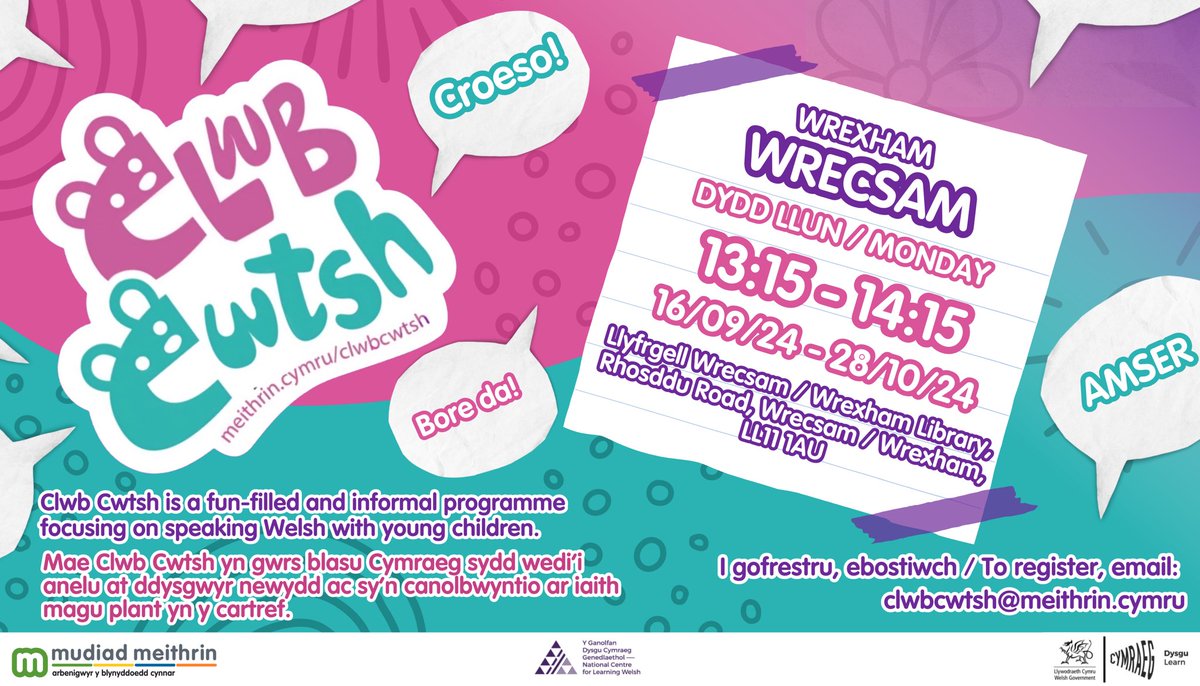 Clwb Cwtsh (@clwbcwtsh) on Twitter photo 📣WRECSAM📣
Learn Welsh words, phrases and songs to use with your little ones by registering for our face to face sessions starting this week!
💌clwbcwtsh@meithrin.cymru 📣WRECSAM📣
Learn Welsh words, phrases and songs to use with your little ones by registering for our face to face sessions starting this week!
💌clwbcwtsh@meithrin.cymru