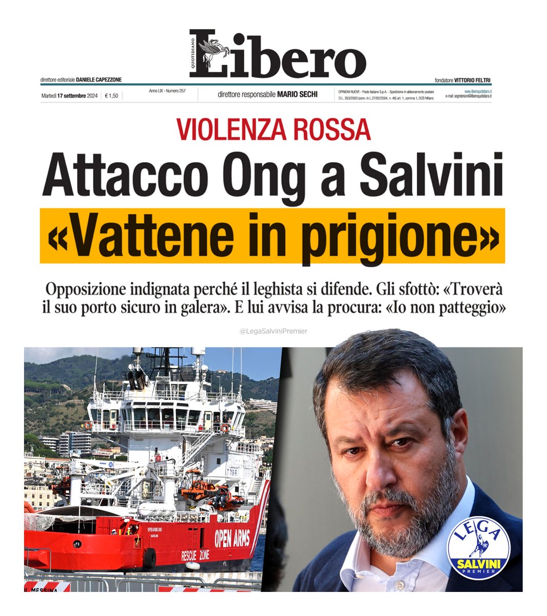matteosalvinimi's tweet photo. Tifare per vedere in prigione un ministro della Repubblica italiana che ha difeso i confini del suo Paese. 
Queste “ong” si qualificano per quello che sono. Avanti tutta. https://t.co/naz0DasibF