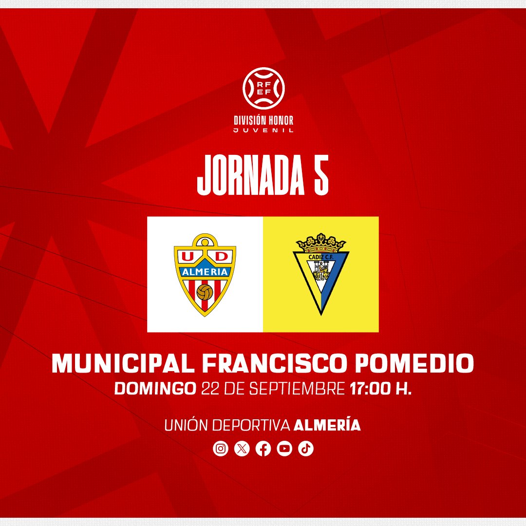 AcademiaUDA's tweet image. 💪 Se acerca otro partidazo de la División de Honor Juvenil.

🆚 @Cadiz_CFCantera.
🗓 Domingo, 22 de septiembre.
⌚️ 17:00 h.
📍 Municipal Francisco Pomedio (Huércal de Almería).

#AcademiaUDA 🦁🔴⚪️