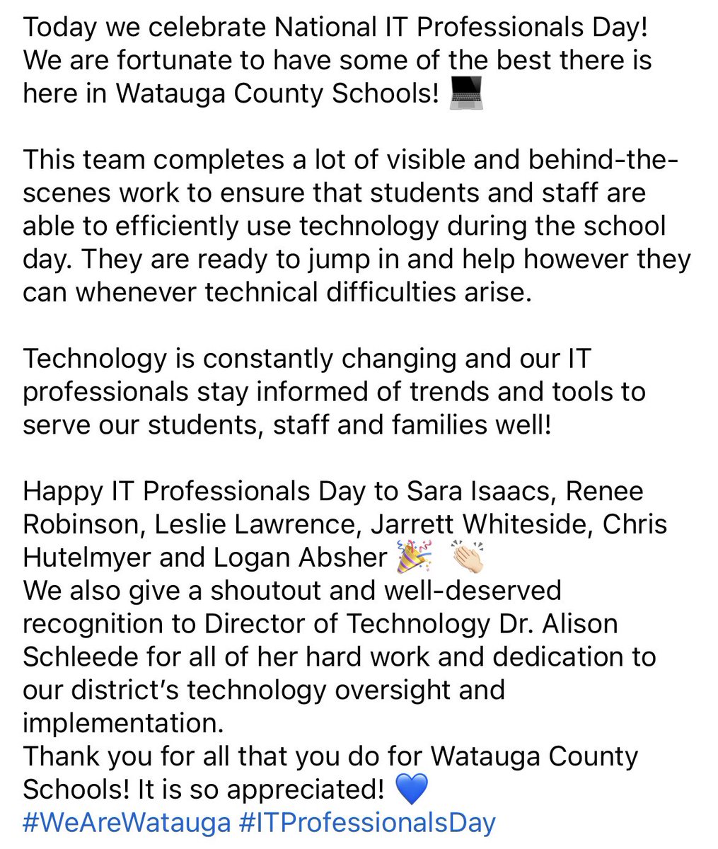 Happy National IT Professionals Day to our WCS Tech Team! 🎉 💻 💙 
Thank you for everything you do!
#WeAreWatauga #NationalITProfessionalsDay
