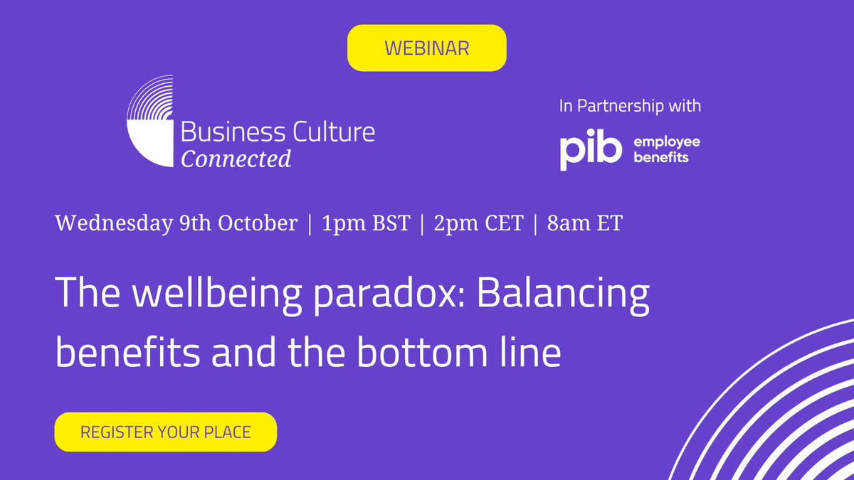 Business Culture Awards ๐ (@bizcultureawds) on Twitter photo Join us on October 9th for a discussion on the wellbeing paradox. Speakers will delve into proprietary research on how benefits play a role in developing a positive work culture and more. Hosted by <a href="/katie_jacobs/">Katie Jacobs</a>. Register to attend: businesscultureawards.com/webinar-9oct/ #wellbeing #bcas24 Join us on October 9th for a discussion on the wellbeing paradox. Speakers will delve into proprietary research on how benefits play a role in developing a positive work culture and more. Hosted by <a href="/katie_jacobs/">Katie Jacobs</a>. Register to attend: businesscultureawards.com/webinar-9oct/ #wellbeing #bcas24