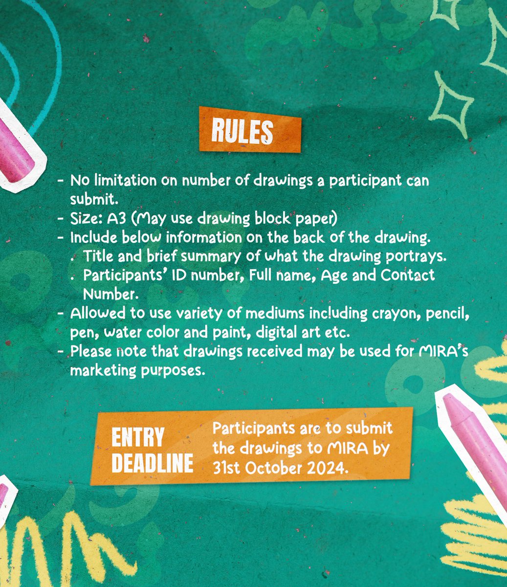 🚨🎨 Calling All Creative Minds! 🎨🚨

Unleash your artistic talents and show us what ‘Working together for national development through taxation’ looks like! 🖌️✨ 
Join our Drawing Competition and bring your vision to life!
🗓️ Submit your masterpiece by 31st October 2024 to MIRA