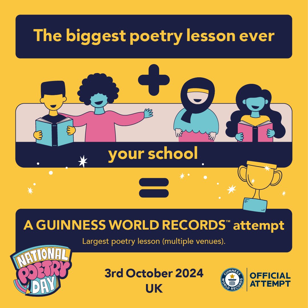 Could your Y3 to Y7 students be record breakers? On #NationalPoetryDay, poet Laura Mucha will lead an hour-long GUINNESS WORLD RECORDS™ title attempt for Largest Poetry Lesson (multiple venues). Find out more and sign up: forwardartsfoundation.org/guinness-world…