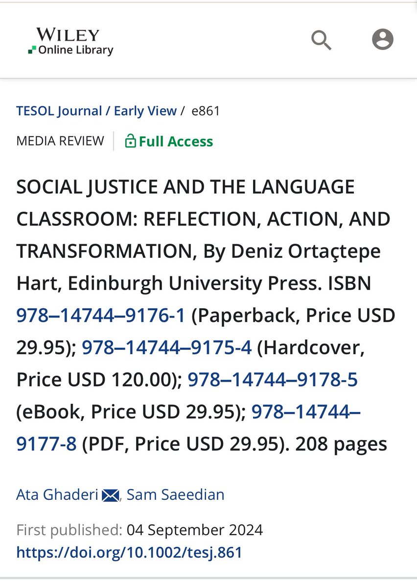 A third review of my book came out in TESOL Journal, this time by colleagues in Iran! “It challenges the myopic view of social justice often represented in the Western worldview.” So great to see the book is making an impact in different parts of the world, as intended! (link👇)