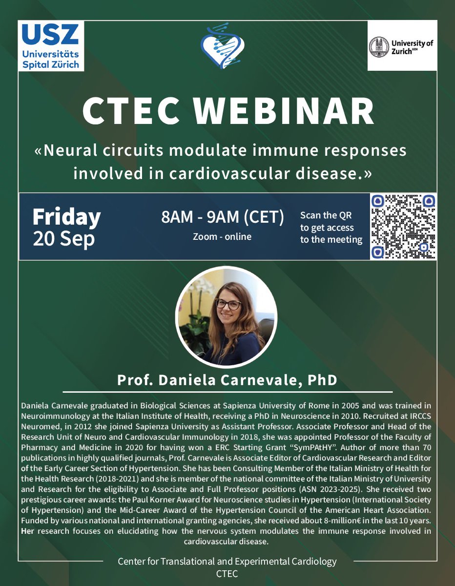 Francesco Paneni (@francescopaneni) on Twitter photo Our CTEC Webinars are back! I am very glad to announce our next speaker: Prof. Daniela Carnevale. Join us on Friday for an exciting journey into the neuroimmune control of cardiovascular function. Do not miss the opportunity to learn and network with our faculty! <a href="/danicarne1981/">Daniela Carnevale</a> Our CTEC Webinars are back! I am very glad to announce our next speaker: Prof. Daniela Carnevale. Join us on Friday for an exciting journey into the neuroimmune control of cardiovascular function. Do not miss the opportunity to learn and network with our faculty! <a href="/danicarne1981/">Daniela Carnevale</a>