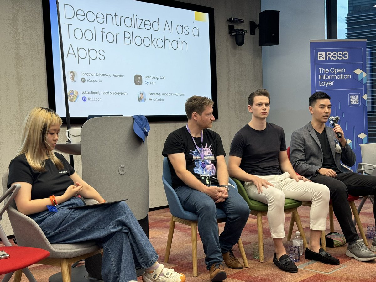 <a href="/fenbielding/">Ben Fielding</a> <a href="/gensynai/">gensyn</a> Finally, we’re concluding Open House #AI with “Decentralized AI as a Tool for Blockchain Apps” with <a href="/MosheMalawach/">Moshe Malawach</a> from <a href="/aleph_im/">Aleph Cloud</a>, Brian Liang COO of <a href="/aelfblockchain/">aelf</a>, and <a href="/0xlukeskywalker/">Lukas</a> from <a href="/nillionnetwork/">Nillion</a>.

“The prospect of having AI Agents to help users navigate