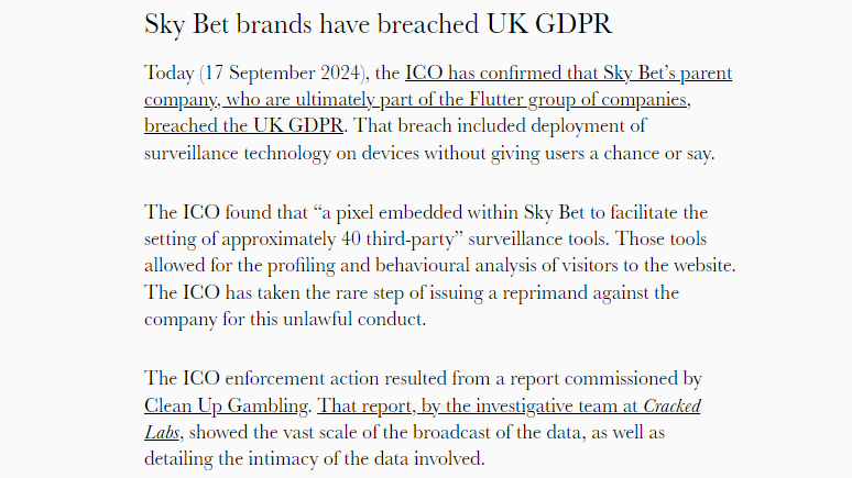Following my 2021 investigation into digital profiling in the online gambling industry with <a href="/cleanupgambling/">Clean Up Gambling</a> and <a href="/A__W______O/">AWO</a>, the UK data protection authority ICO has confirmed that Sky Betting &amp; Gaming's data processing was unlawful, breaching UK GDPR:
awo.agency/blog/ico-confi…