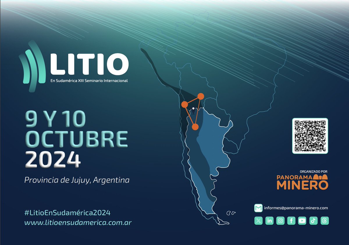 📢El XIII Seminario Internacional: Litio en la Región de Sudamérica se realizará los días 9/10 de octubre en Jujuy,🇦🇷. Reúne a más de 220 empresas, líderes de la industria y speakers para debatir sobre las últimas tendencias en litio y minería sostenible.

litioensudamerica.com.ar