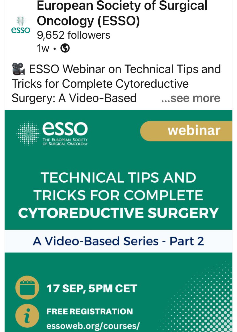Lana Bijelic (@lanabijelicmd) on Twitter photo It is today-2nd edition of the <a href="/ESSOnews/">European Society of Surgical Oncology (ESSO)</a> webinar on Technical tips and tricks in #Cytoreductive surgery. We’ll be discussing Right&Left Diaphragm Peritonectomy, an essential skill for PSm surgeons. Hope to see you at 17:00CET!
<a href="/SocSurgOnc/">Society of Surgical Oncology</a>
<a href="/ESGO_society/">ESGO</a> It is today-2nd edition of the <a href="/ESSOnews/">European Society of Surgical Oncology (ESSO)</a> webinar on Technical tips and tricks in #Cytoreductive surgery. We’ll be discussing Right&Left Diaphragm Peritonectomy, an essential skill for PSm surgeons. Hope to see you at 17:00CET!
<a href="/SocSurgOnc/">Society of Surgical Oncology</a>
<a href="/ESGO_society/">ESGO</a>