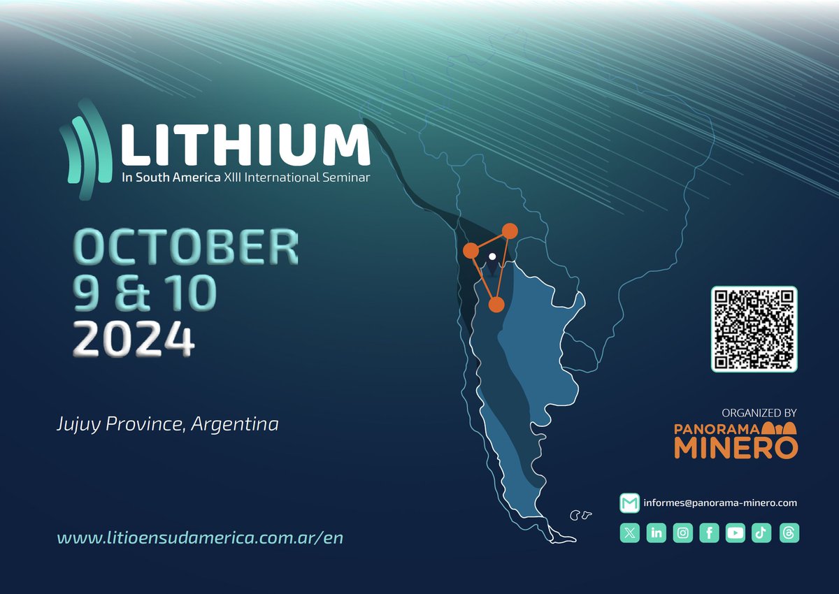 📢The XIII International Seminar: Lithium in South America will be held this October 9-10, in Jujuy, 🇦🇷. It brings together over 220 companies, top industry leaders, and renowned speakers to discuss the latest trends in lithium and sustainable mining.

➡️ litioensudamerica.com.ar