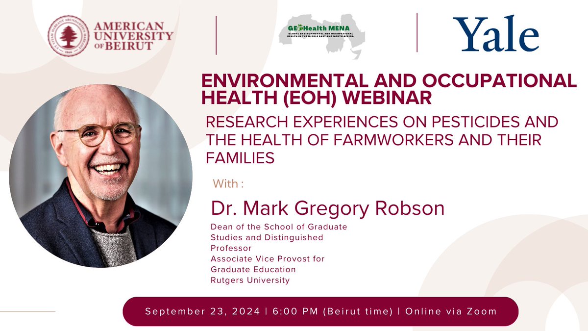 📢 Join us for our upcoming EOH webinar titled "Research Experiences on Pesticides and the Health of Farmworkers and Their Families," featuring Dr. Mark Gregory Robson. 
Open to all!🌱 🧑‍🌾

Zoom link: yale.zoom.us/j/94199805393