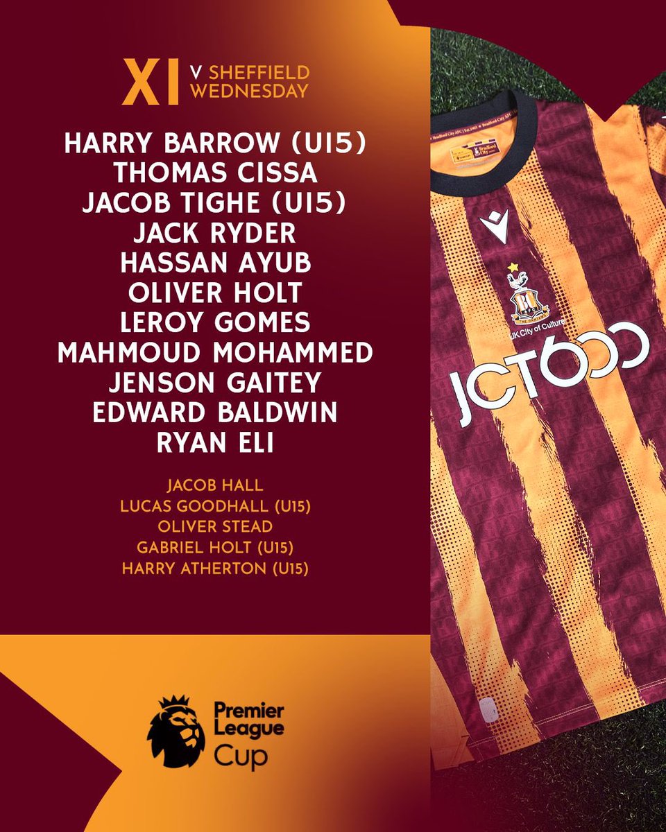 bantamsacademy's tweet photo. Our Under-17s are underway - away to Sheffield Wednesday in the Premier League Cup! ⚽️

Here’s how the Bantams line up, with starts for goalkeeper Harry Barrow and defender Jacob Tighe (both under-15s). 📋👇

#BCAFC | @TLDallasGroup https://t.co/eYo27DdHvD