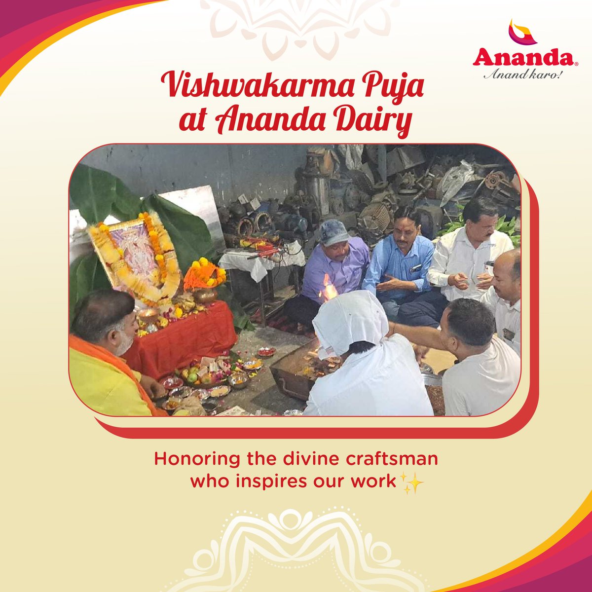 AnandaDairy's tweet photo. Invoking Lord Vishwakarma’s blessings at Ananda Dairy today.
As we celebrate, we reaffirm our dedication to crafting purity and quality in every product. 🛠️✨💛
#AnandaDairy #AnandKaro! #VishwakarmaPuja #PurityInEveryDrop #CraftedWithCare https://t.co/wGerIgHnXq