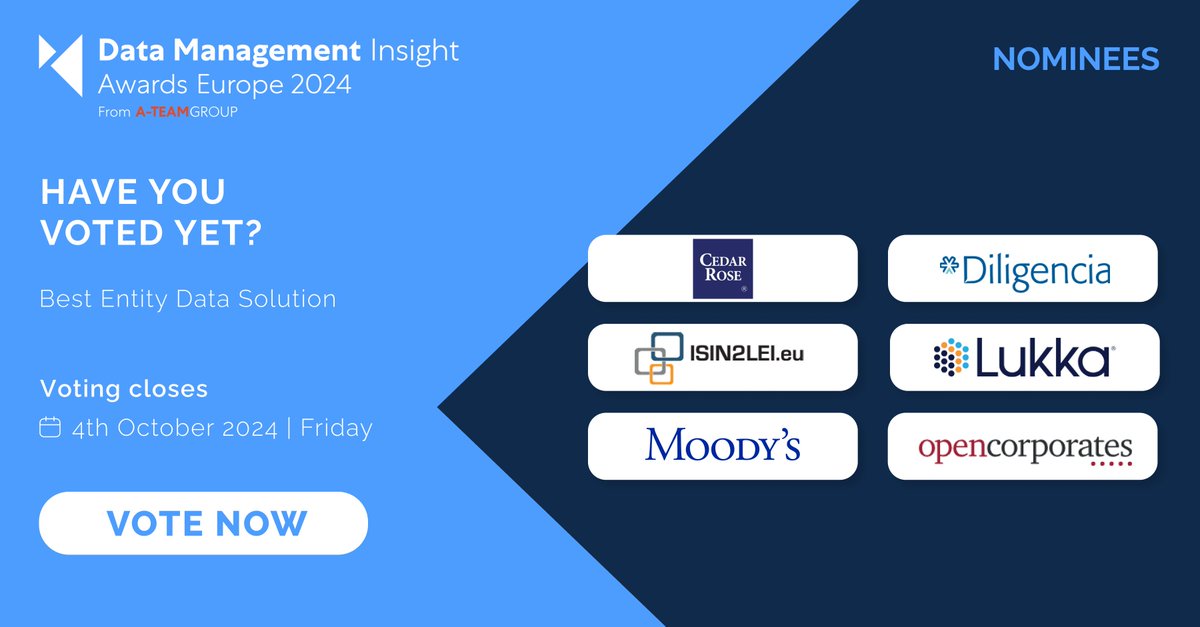 DataMgmtInsight's tweet image. Vote now in the Data Management Insight Awards Europe 2024, for Best Entity Data Solution!

Will it be @cedar_rose_intl @DiligenciaGroup @isin2lei @lukka @moodys or @opencorporates

a-teaminsight.pulse.ly/jugimdio30

#DMIawards #datamanagement #entitydata #datasolutions