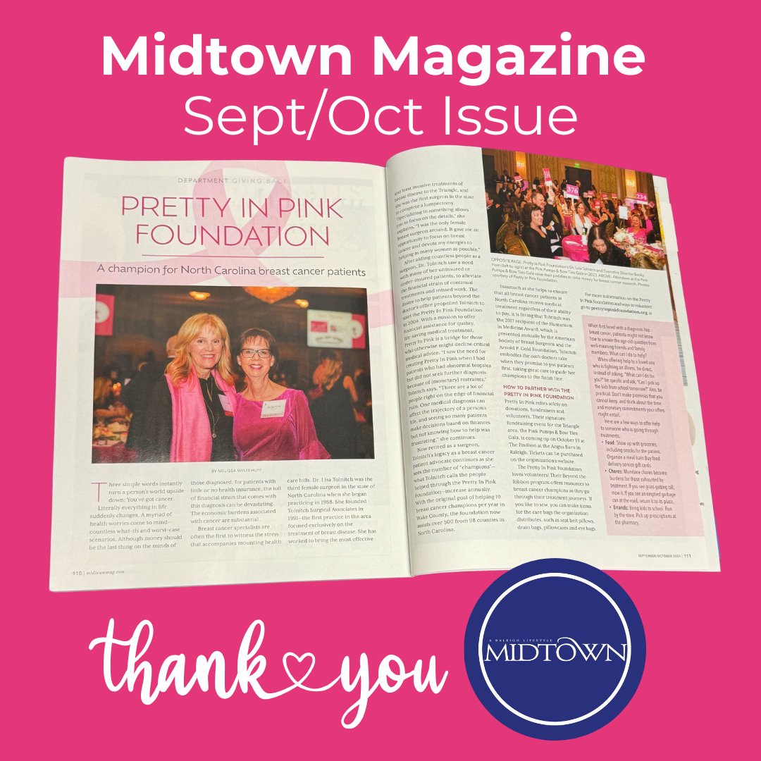 Have you seen us in the latest Midtown Magazine issue?!?! It's on stands now!! It's a great read about our founder, Dr. Lisa Tolnitch and her mission to help breast cancer patients in our state. Thank you, Midtown Magazine for featuring Pretty In Pink! 

midtownmag.com/a-champion-for…