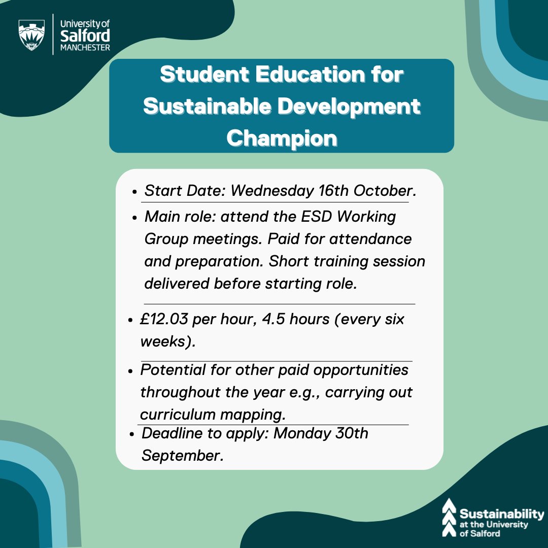 UoS Sustainability (@uos_sustain) on Twitter photo Calling all <a href="/SalfordUni/">University of Salford</a> students!📢
We have two exciting paid roles available - Student Education for Sustainable Development Champions!
Look below for more details!✅
👉Apply & find out more here: portal.unitemps.com/Search/JobDeta… Calling all <a href="/SalfordUni/">University of Salford</a> students!📢
We have two exciting paid roles available - Student Education for Sustainable Development Champions!
Look below for more details!✅
👉Apply & find out more here: portal.unitemps.com/Search/JobDeta…