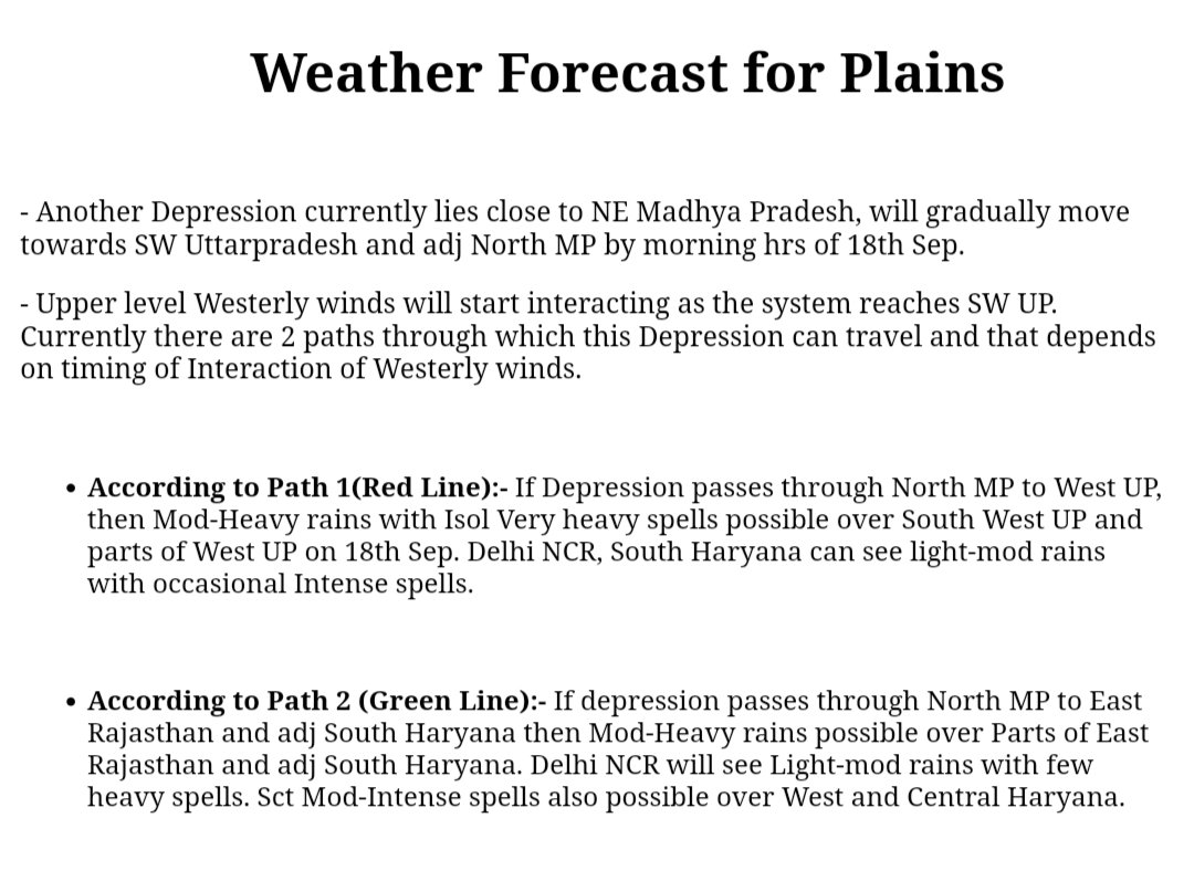 ⚠️ Another Depression will be moving towards NW plains in next 24hrs.

- Light-mod #Monsoon rains possible over #Delhi NCR and South #Haryana, Heavy rains depend on Depression movement.

- Depression path depends on timing of westerlies interaction (Read 2nd pic for more clarity)