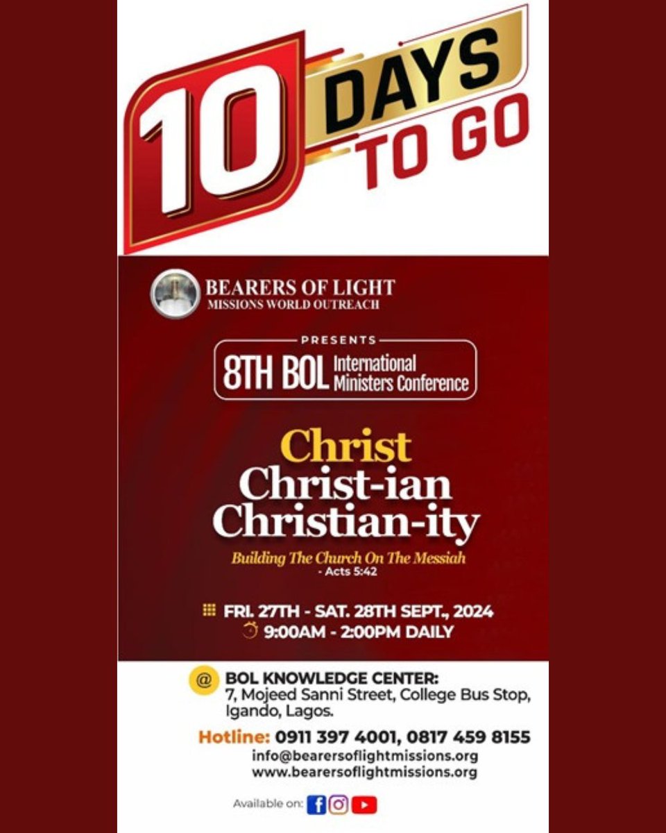 Bol_missions's tweet photo. Only  10 days until the International Ministers Conference. Get ready to be  inspired, equipped, and empowered by renowned speakers. Join us for a  transformative experience as we explore "Christ, Christ-ian,  Christianity" 
#BOL #InternationalMinistersConference https://t.co/YDWNVqCxCd