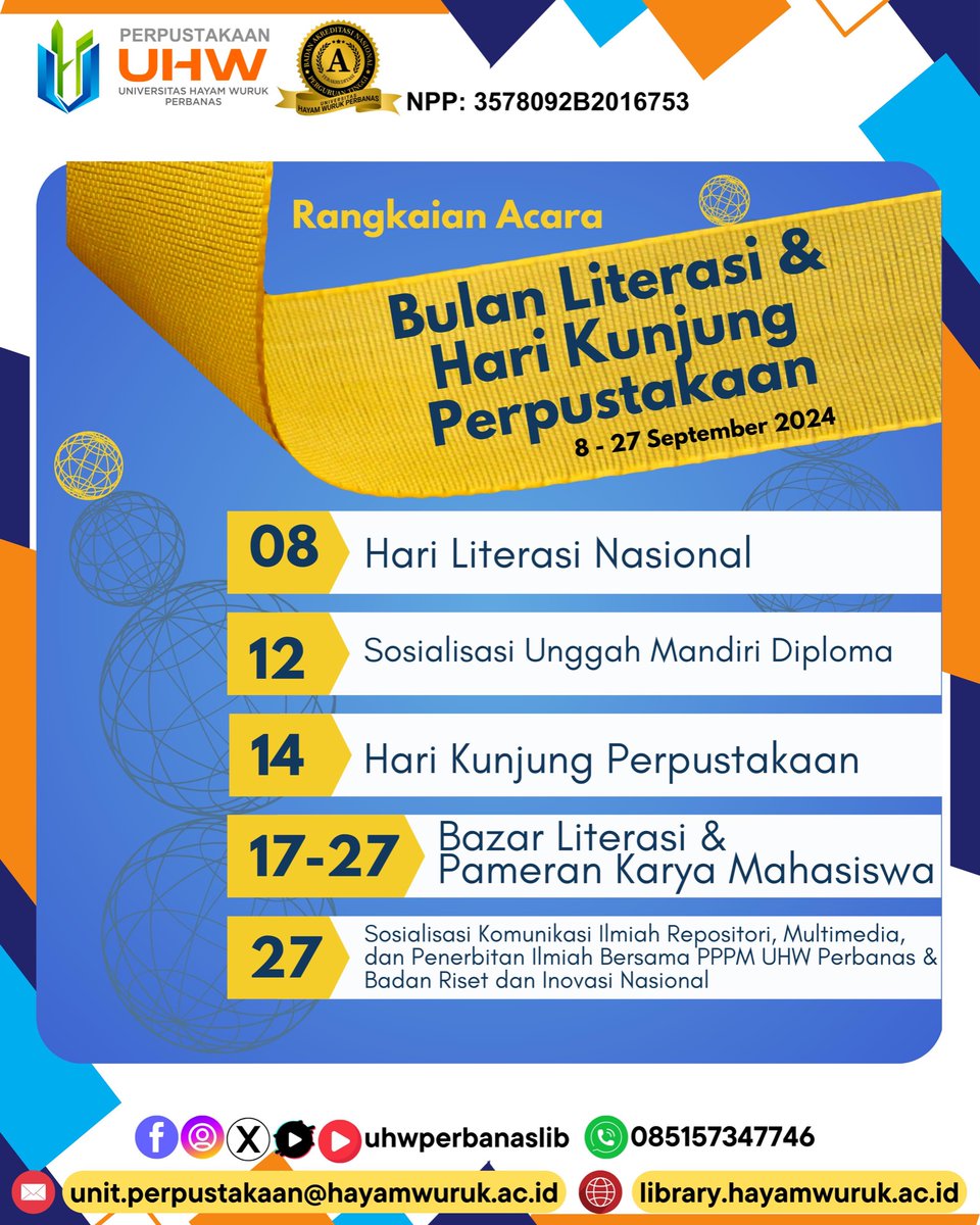 uhwperbanaslib's tweet photo. #harikunjungperpustakaan #literasi #buku #library #perpustakaandigital #indonesia #perpustakaannasional #pustakawan #salamliterasi #ebook #ayomembaca #membaca #pustakabergerak #perpus #bookstagram #bukuonline #ayokeperpustakaan #baca https://t.co/bpFbQP40J1
