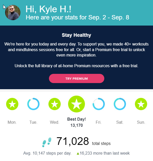 kyleheon's tweet image. I&apos;ve been lax in posting @fitbit stats and X will only allow four photos so here is the past month. Vacation numbers look pretty good and I expect big things this week too. 2024 weekly average sits at 53,181.