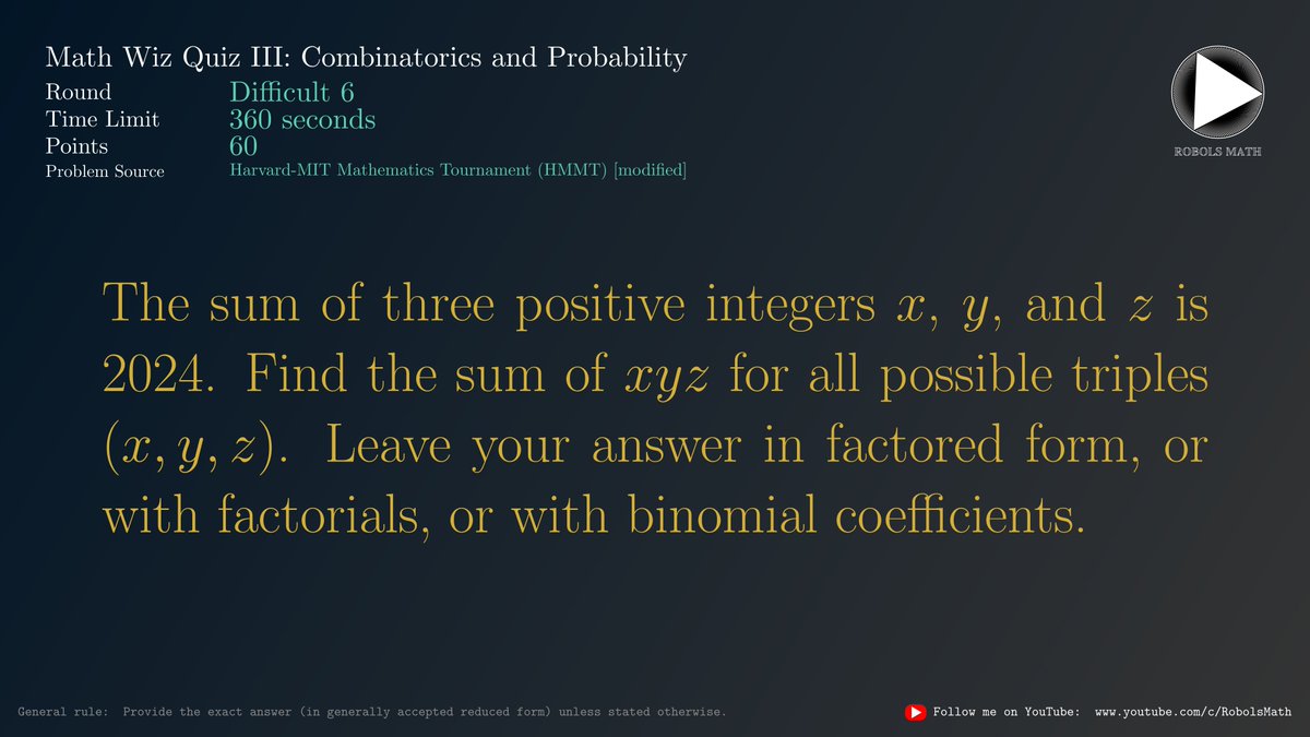 robolsmath's tweet image. Math Wiz Quiz III: Combinatorics and Probability
Difficult 6 of 8
#Math #Combinatorics #Probability #Statistics